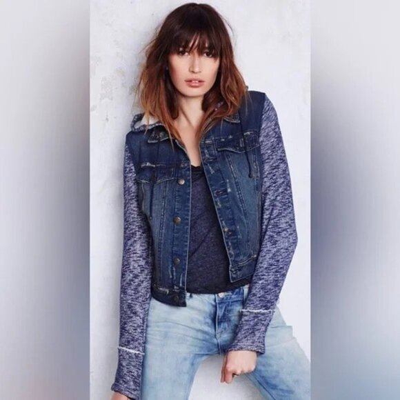 Free People Distressed Mixed Media Hooded Jean Jacket - Picture 1 of 7